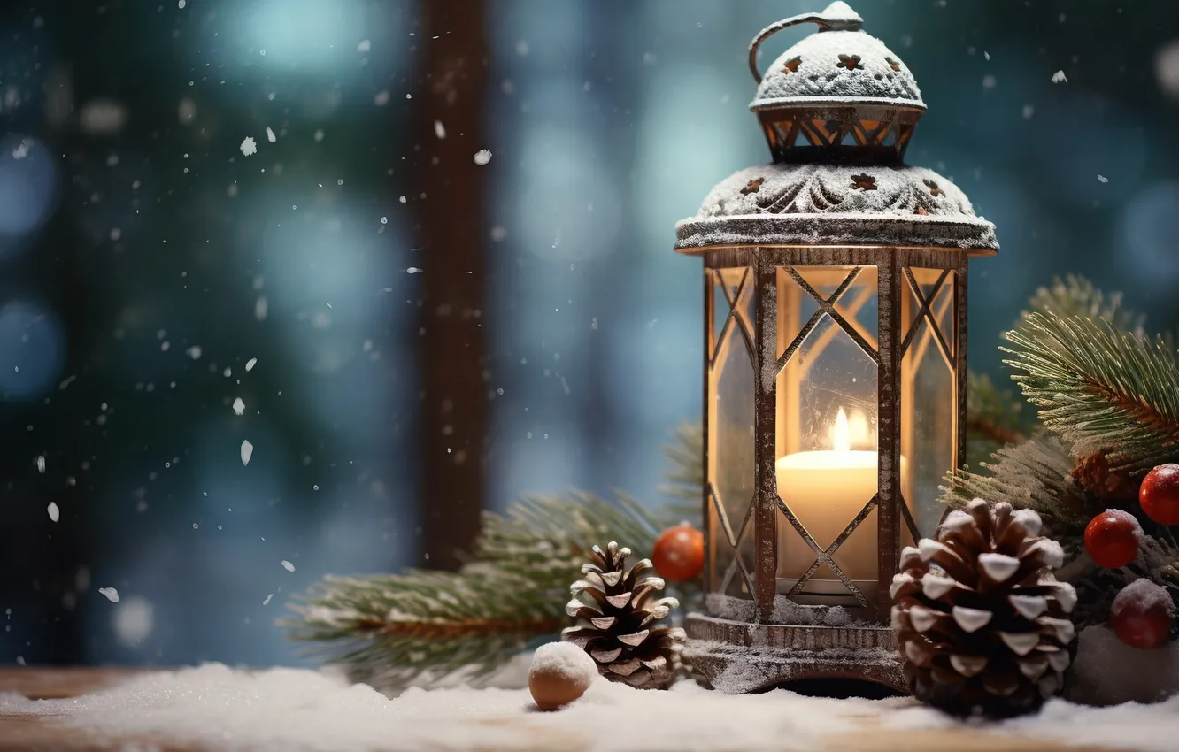 Фото обои зима, снег, ночь, Рождество, фонарь, Новый год, Christmas, night