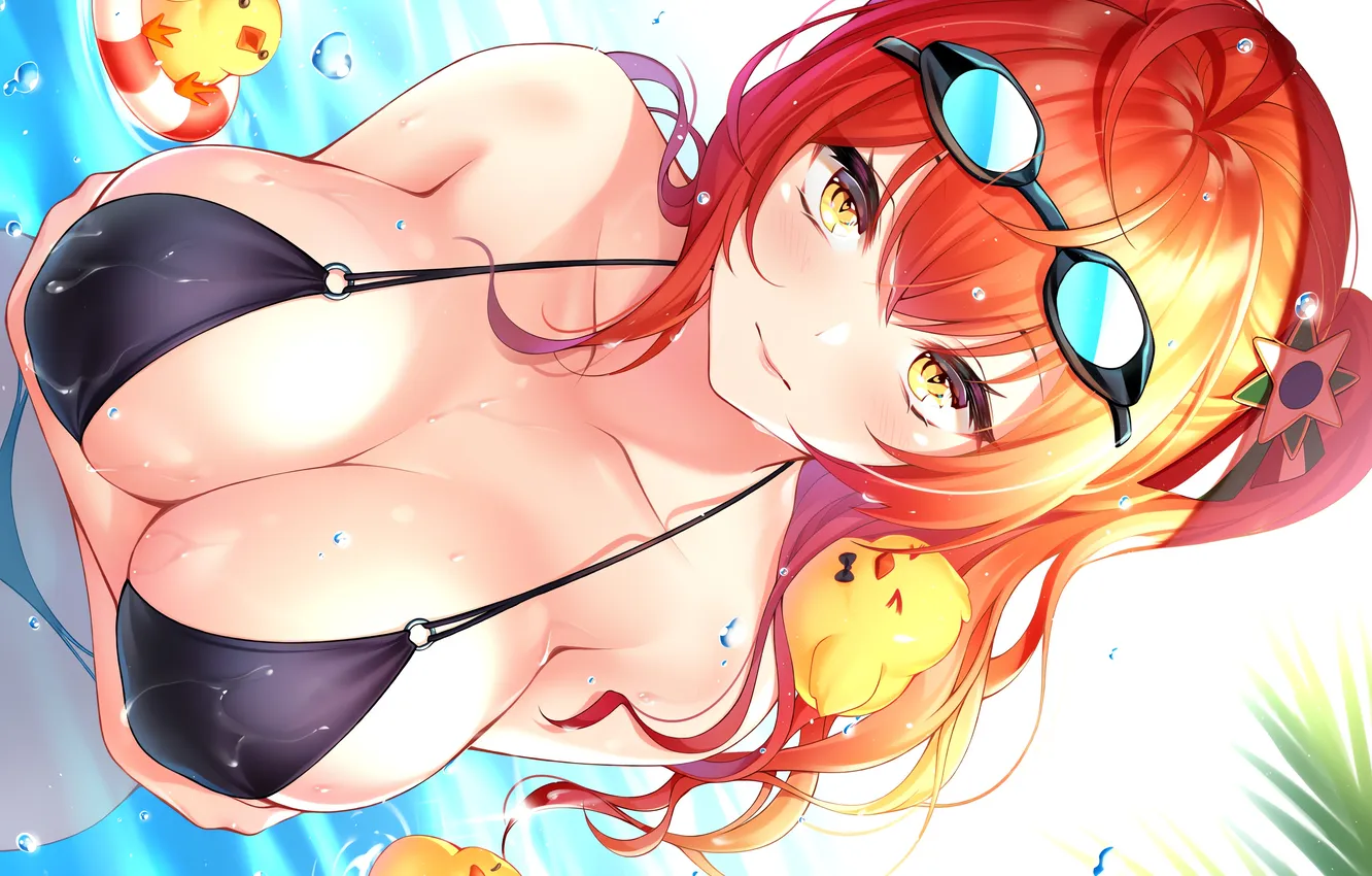 Фото обои girl, sexy, wet, cleavage, red hair, long hair, boobs, anime