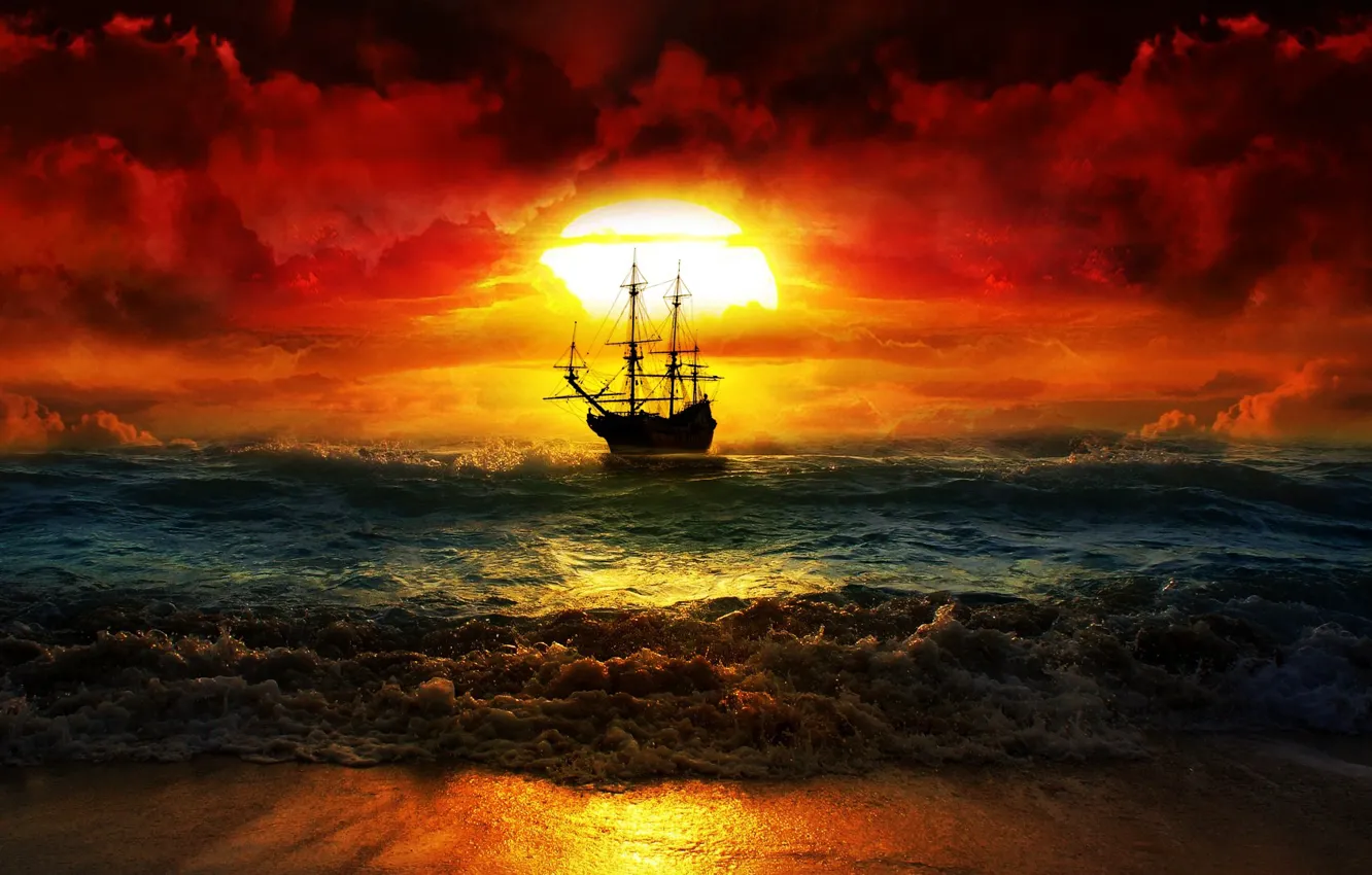 Фото обои море, закат, корабль, зарево
