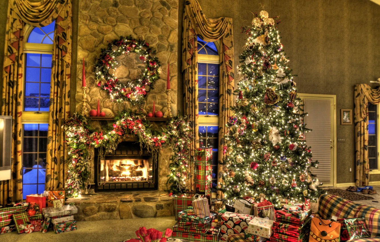 Фото обои дом, настроение, праздник, игрушки, елка, подарки, Новый год, камин