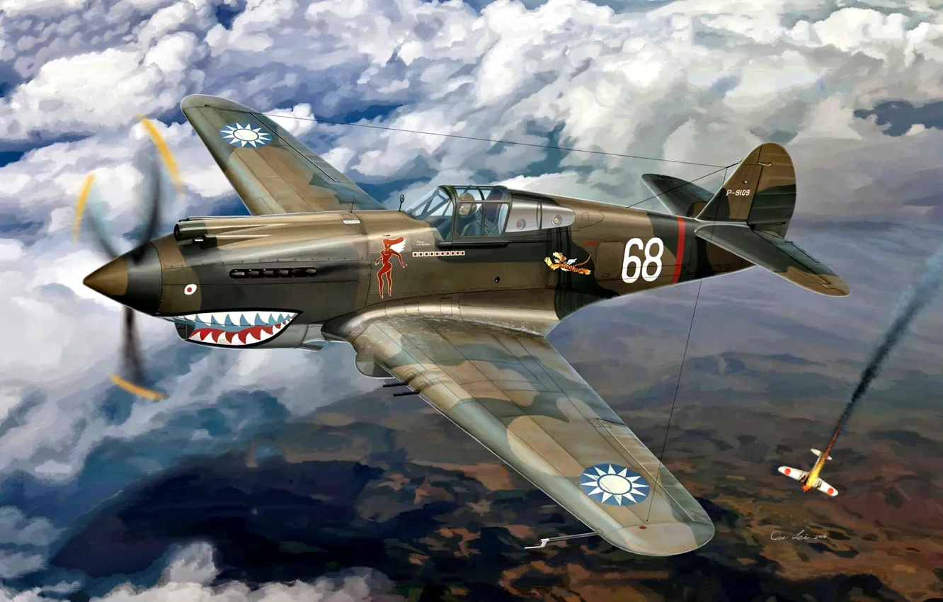 Фото обои Warhawk, P-40C, Curtiss P-40, American Volunteer Group, Flying Tigers, Hawk 81-A2, 3 pursuit squadron