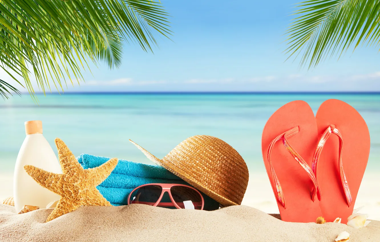 Фото обои песок, море, пляж, солнце, шляпа, очки, summer, beach