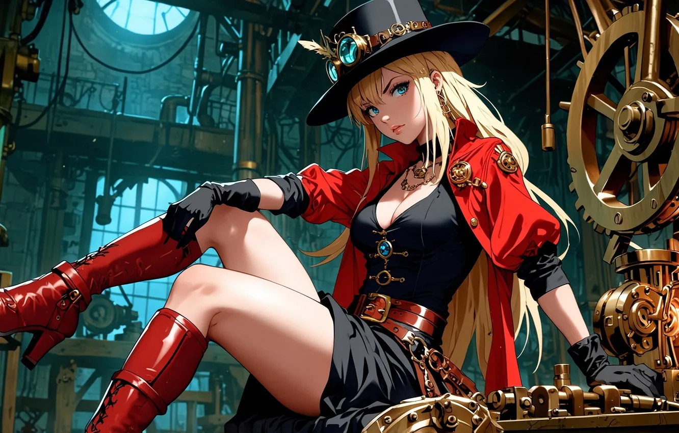 Фото обои girl, fantasy, hat, blue eyes, gears, blonde, digital art, artwork