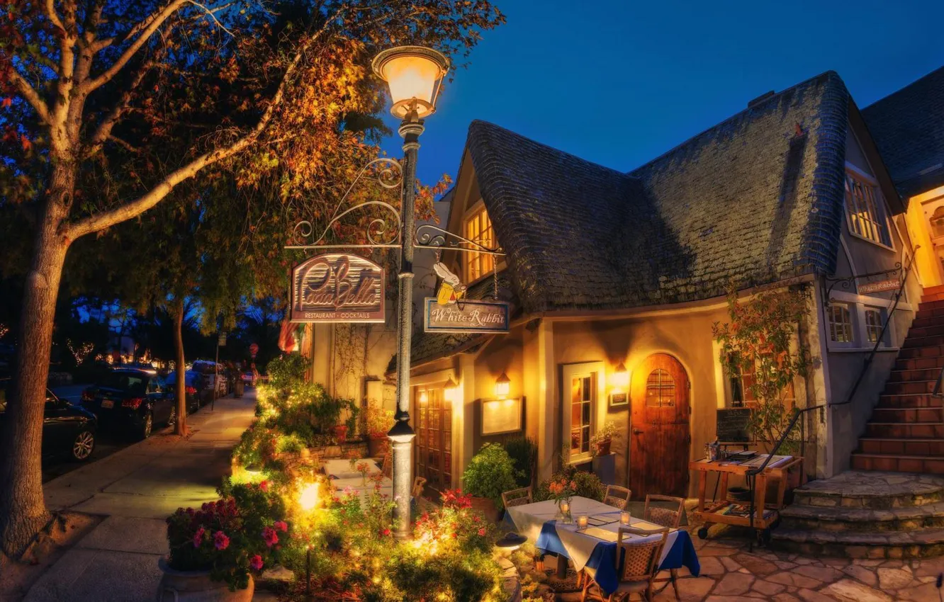 Фото обои город, вечер, hdr, ресторан, lovely little sidewalk restaurant at night
