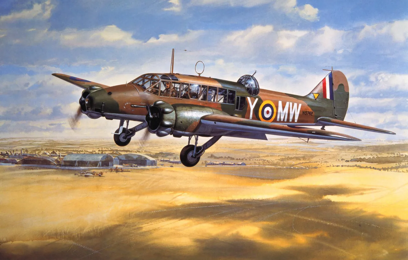 Фото обои war, art, airplane, painting, aviation, ww2, Avro Anson