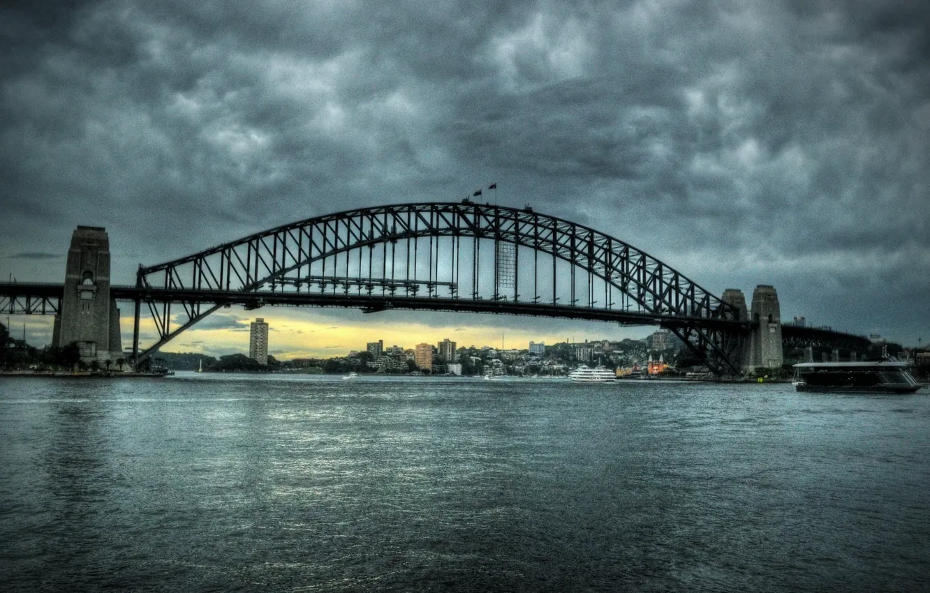 Фото обои небо, тучи, мост, город, река, сидней, австралия, bridge