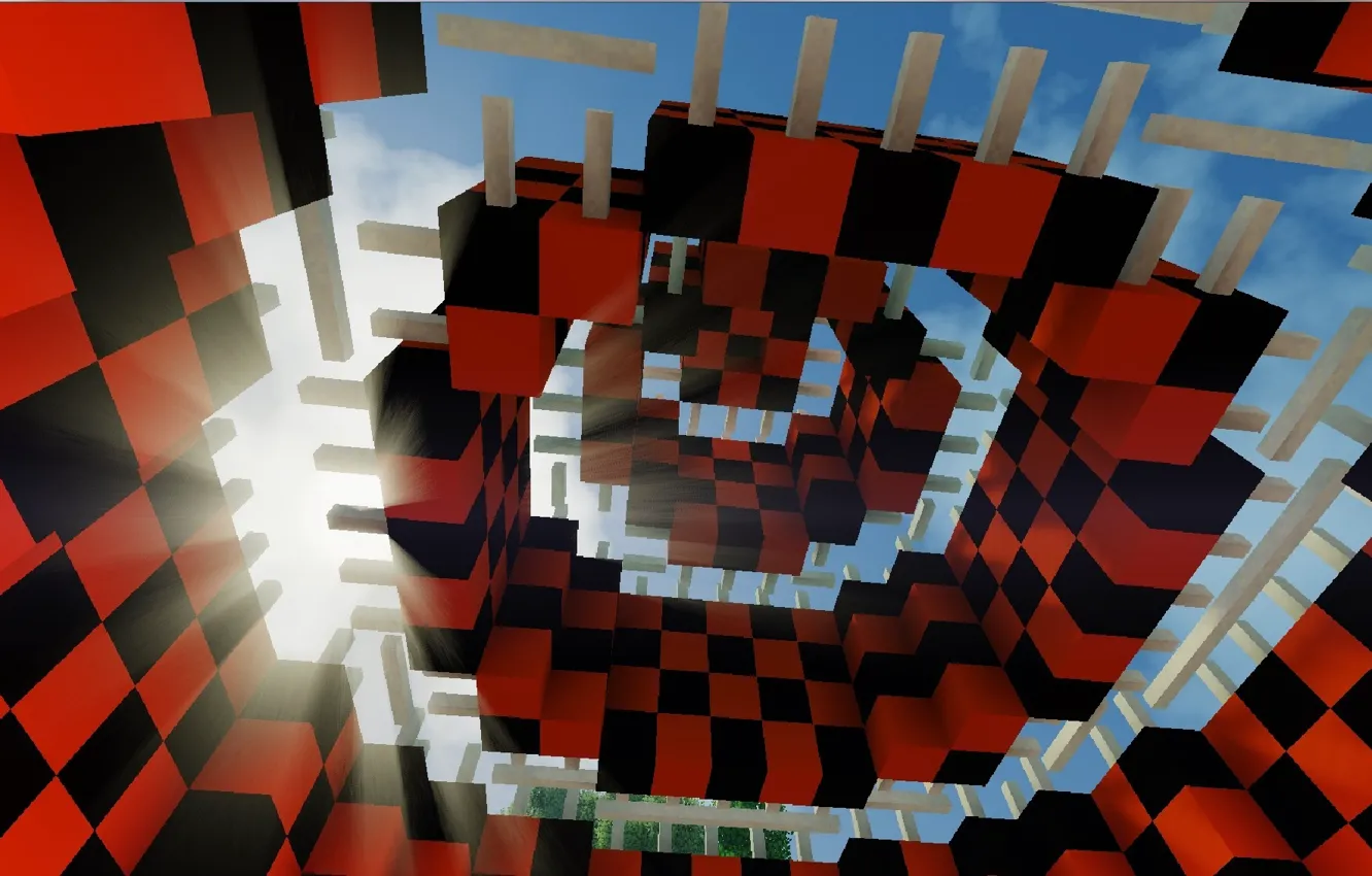 Фото обои небо, солнце, лучи, деревья, строение, minecraft, свод