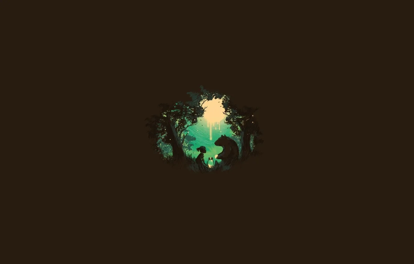 Фото обои лес, свет, деревья, медведь, девочка, банка, girl, trees
