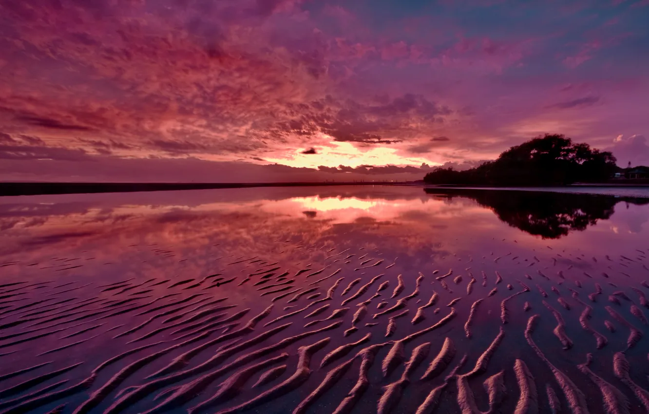 Фото обои песок, закат, отражение, река, вечер, сумерки
