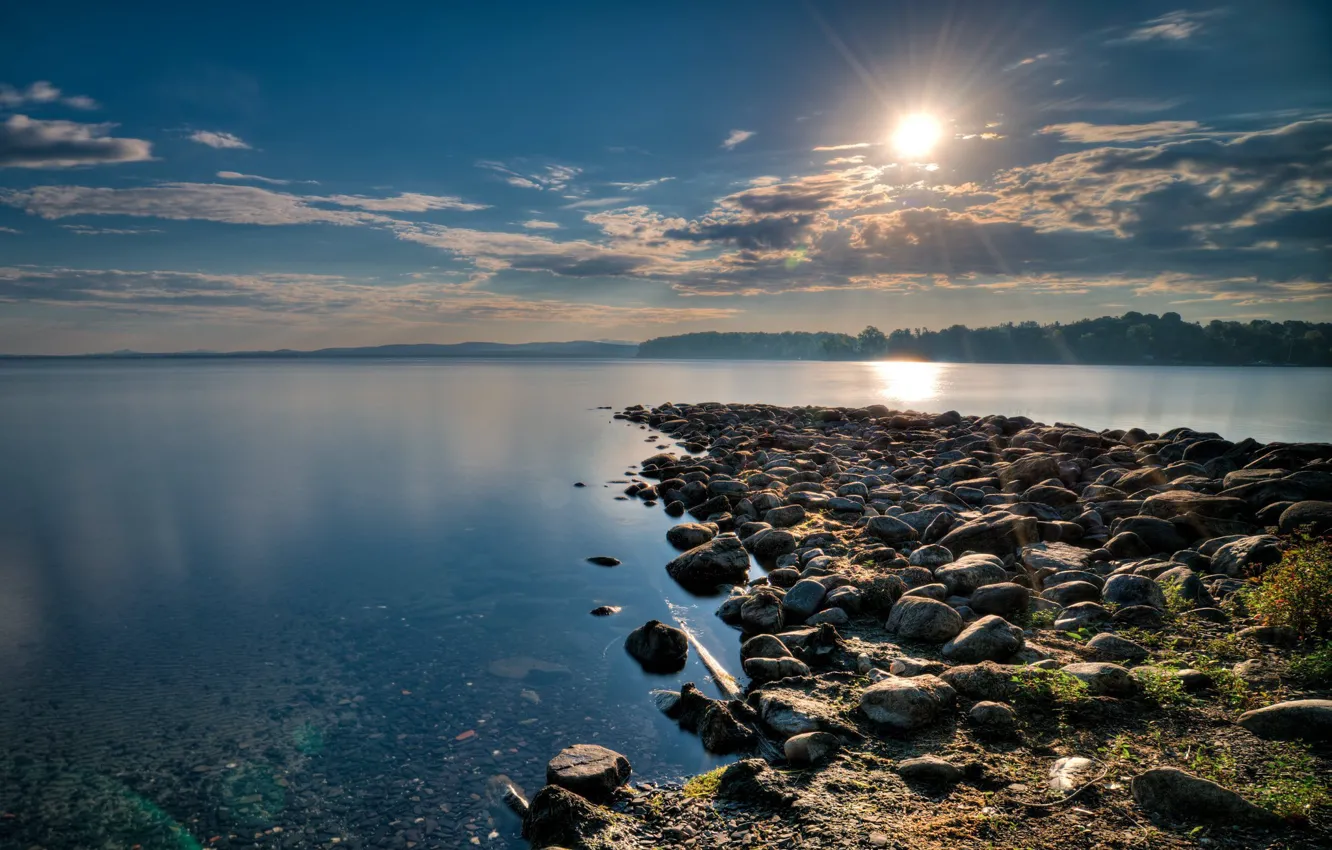 Фото обои озеро, рассвет, утро