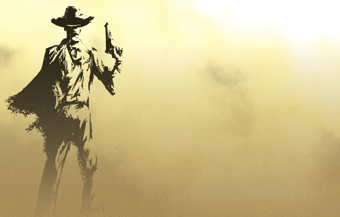 Фото обои Revolver, Weapon, Hat, Silhouette, Man, Cape, Pose, Desert