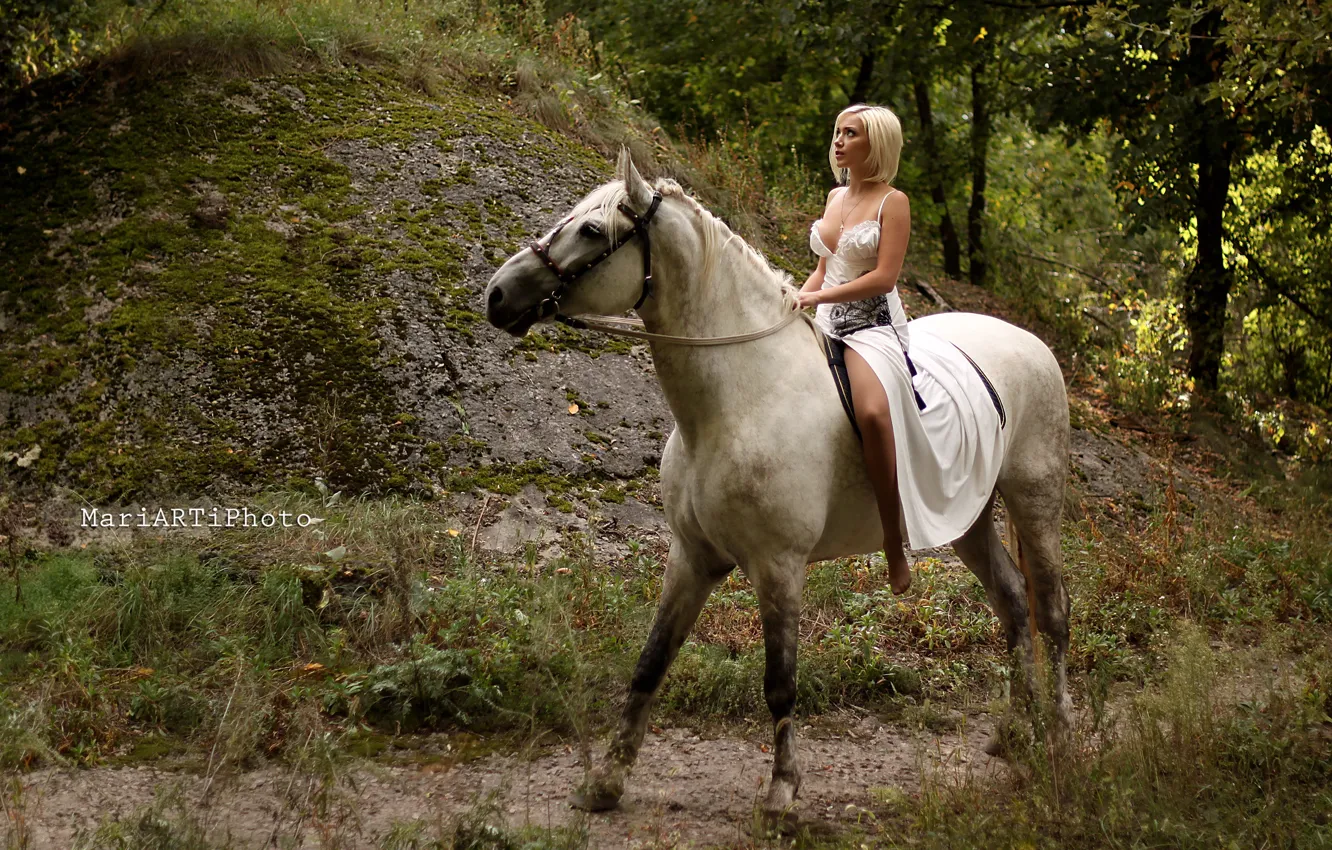 Фото обои блондинка, белое платье, белая лошадь, девушка на лошади