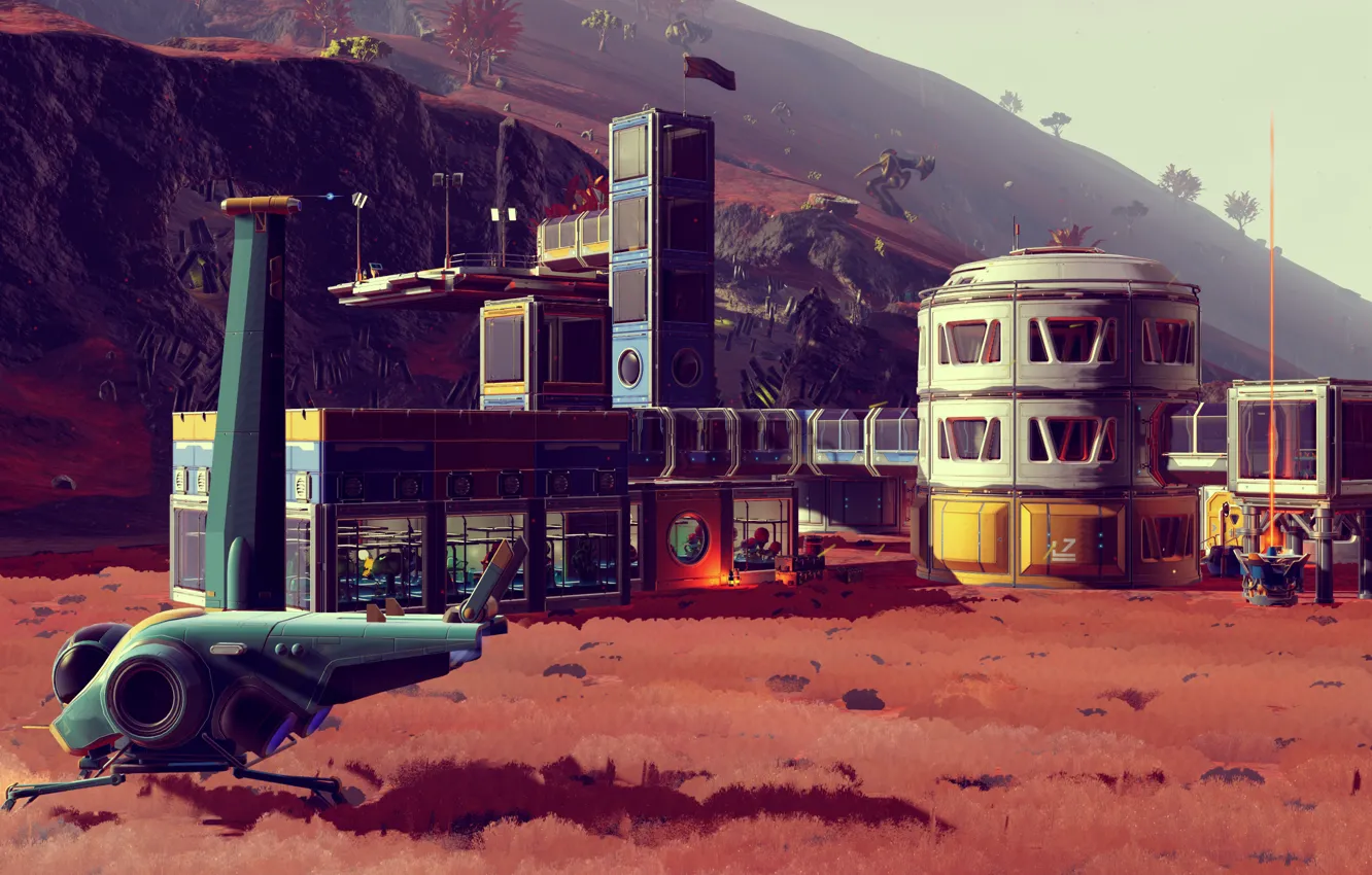 Фото обои планета, станция, звездолет, No Man's Sky, Hello Games