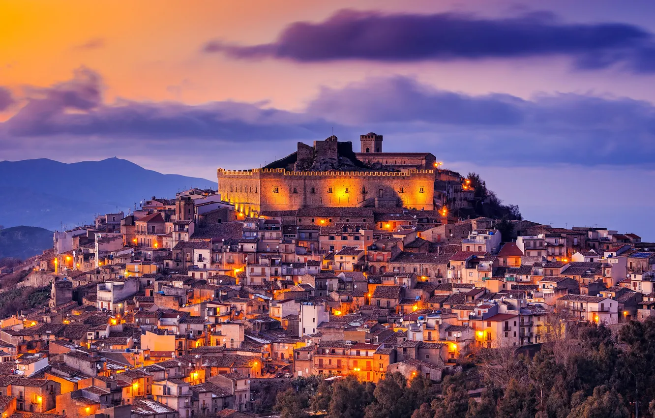 Фото обои Небо, Дома, Вечер, Огни, Италия, Italy, Sicily, Сицилия