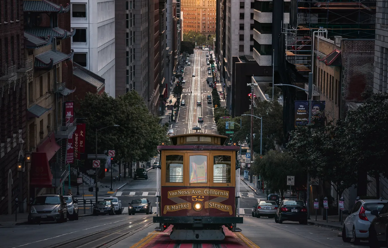 Фото обои свет, машины, улица, дома, Калифорния, Сан-Франциско, трамвай, США
