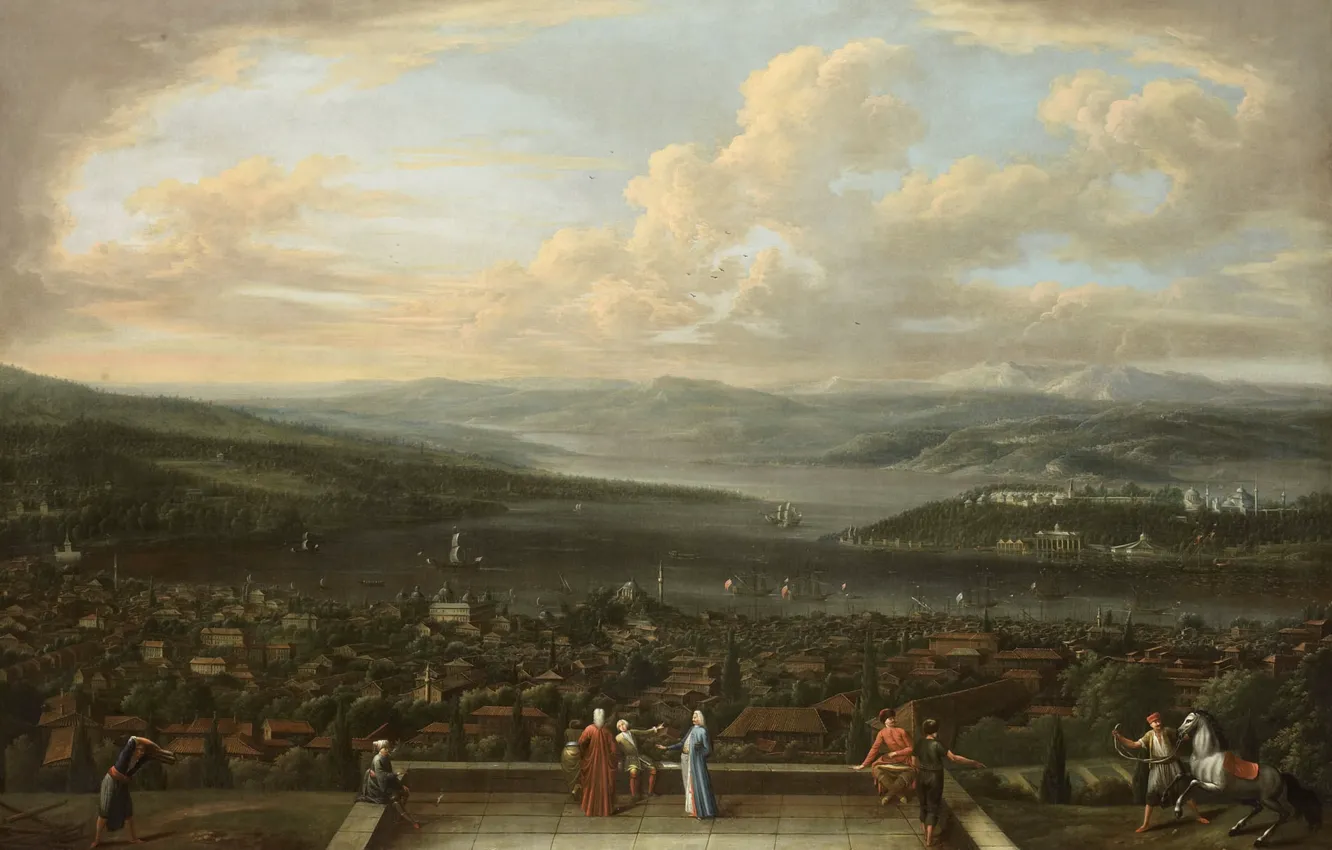 Фото обои пейзаж, масло, картина, холст, Жан-Батист ван Мур, Вид Константинополя от Голландского Посольства