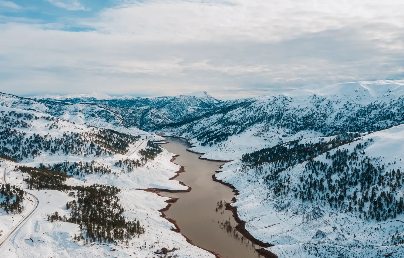 Фото обои зима, снег, деревья, пейзаж, горы, река, forest, river