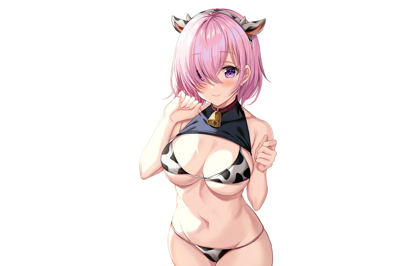 Фото обои girl, sexy, cleavage, pink hair, horns, boobs, animal ears, anime