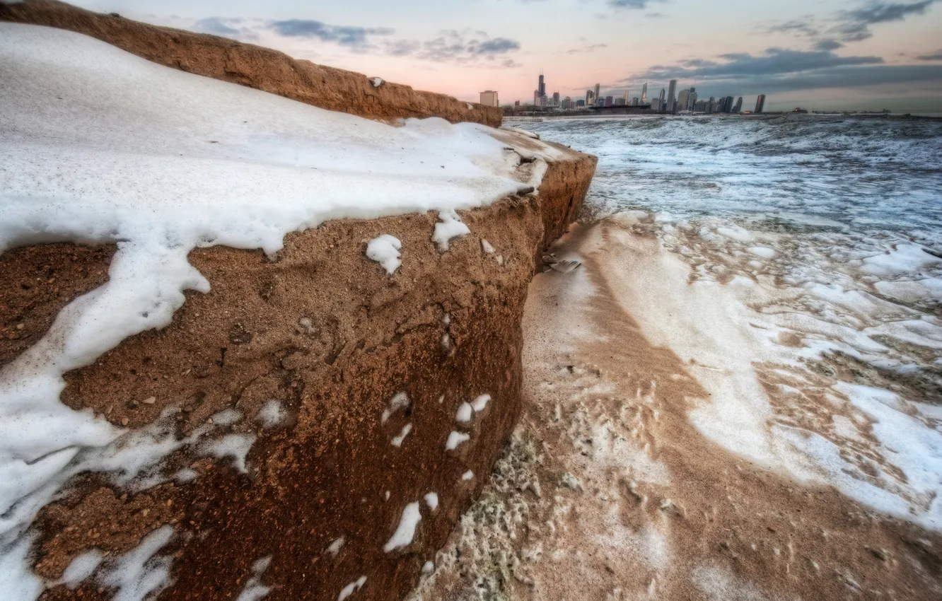 Фото обои зима, берег, здания, небоскребы, америка, чикаго, Chicago, сша