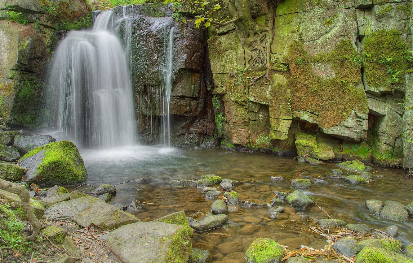 Фото обои камни, скалы, водопад, поток