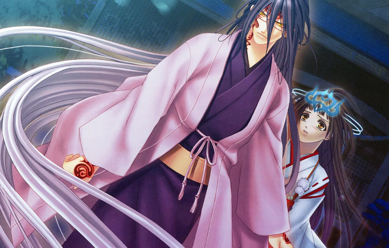 Фото обои демон, жрица, японская одежда, защитник, печать, hiiro no kakera, ёкай, tamaki kasuga