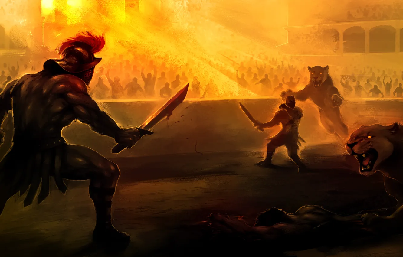 Фото обои смерть, кровь, меч, лев, арена, колизей, схватка, гладиатор