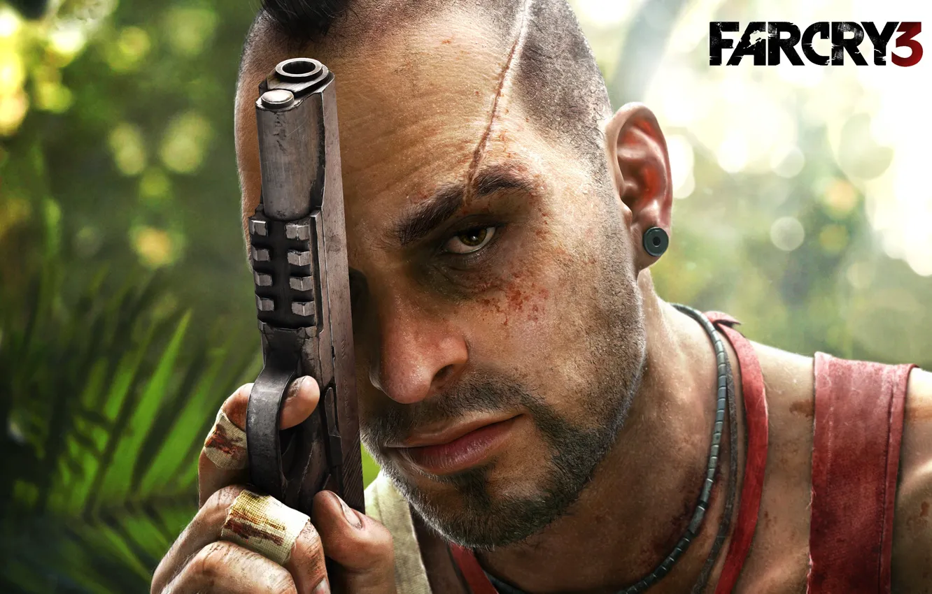 Фото обои взгляд, пистолет, Игра, шрам, Ваас Монтенегро, Vaas, Far Cry 3