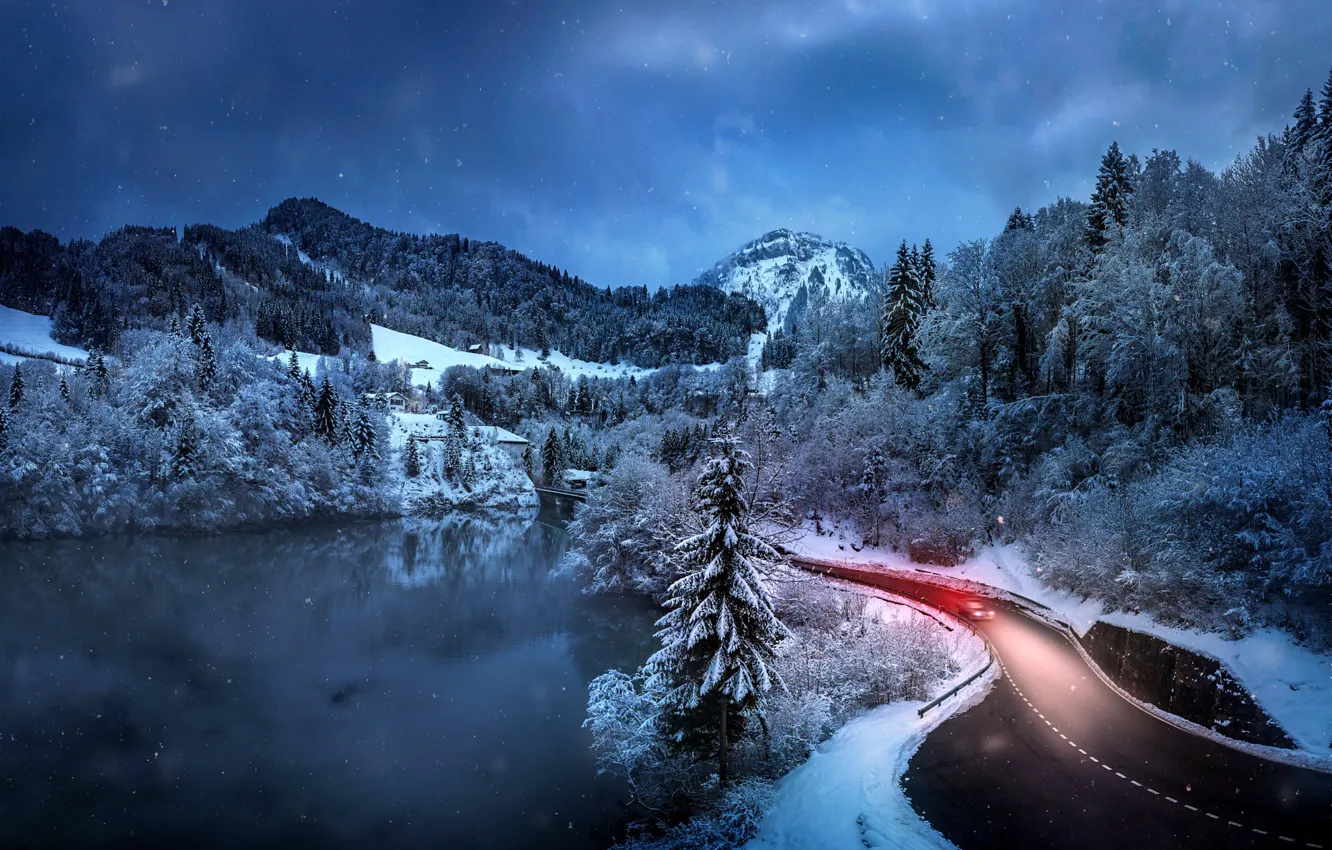 Фото обои зима, дорога, небо, снег, пейзаж, горы, ночь, природа