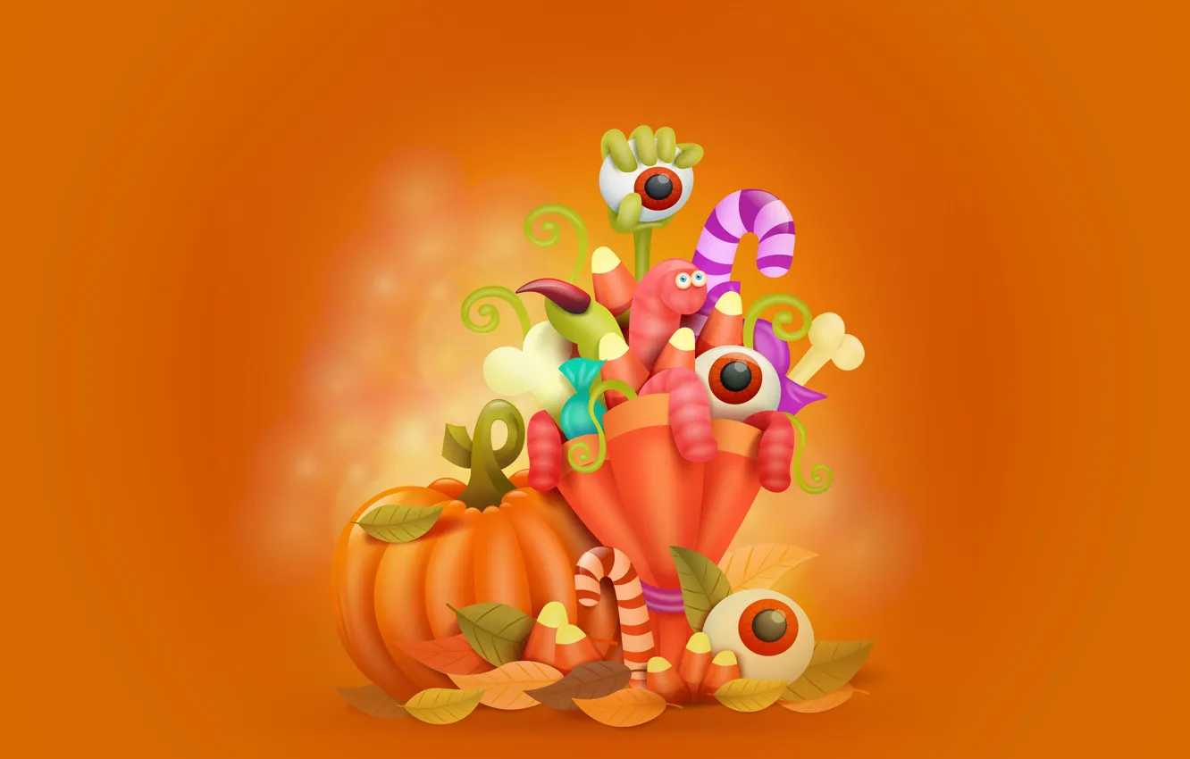 Фото обои глаза, листья, праздник, тыква, червяки, хэллоуин, векторная графика
