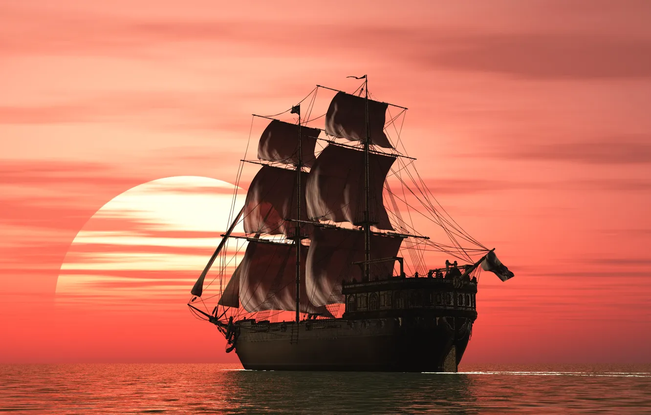 Фото обои пейзаж, закат, рендеринг, океан, корабль, паруса