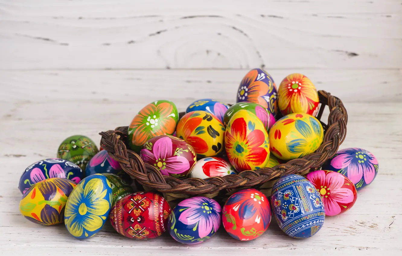 Фото обои корзина, весна, colorful, Пасха, wood, spring, Easter, eggs
