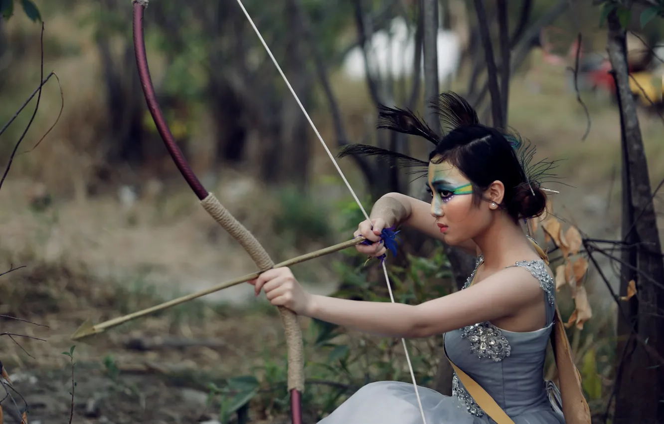 Фото обои лес, лицо, макияж, лук, стрела, азиатка