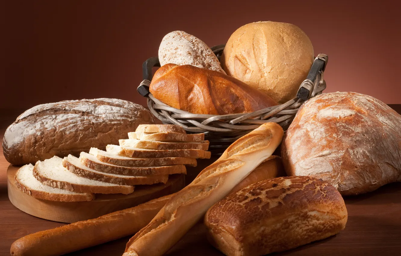 Фото обои корзина, хлеб, доска, разный, батоны, нарезной