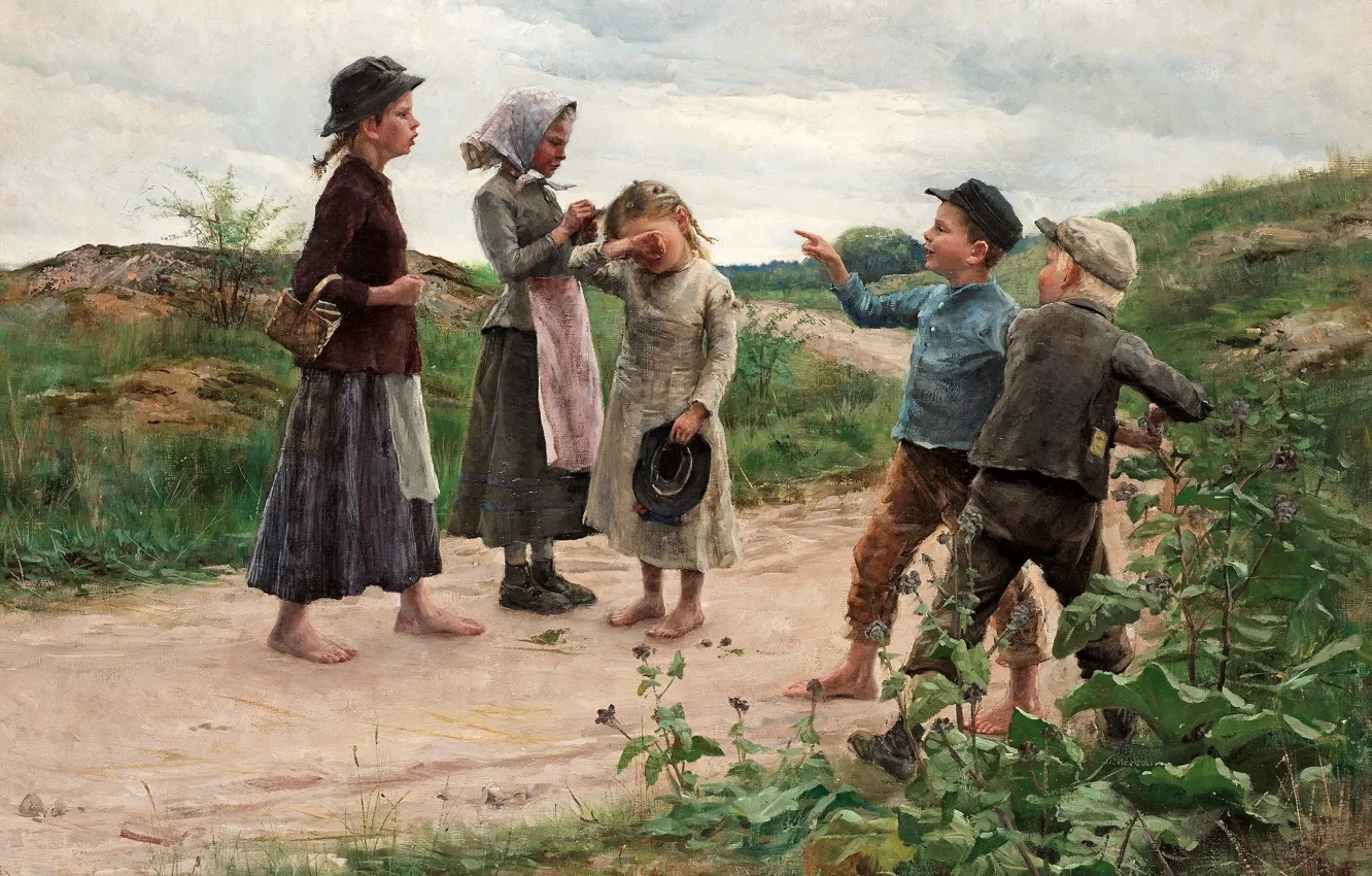 Фото обои 1885, шведская художница, Фанни Брате, Swedish painter, Дразнилки, Teasing children, Fanny Ingeborg Matilda Brate, Фанни …