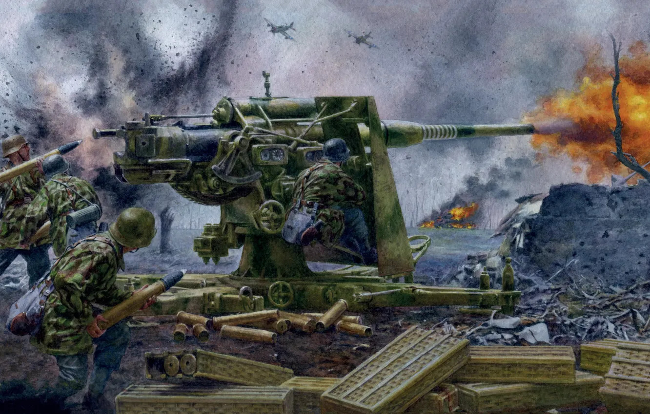 Фото обои Flak 37, Acht-acht, 88-мм зенитная пушка, восемь-восемь, германское 88-миллиметровое зенитное орудие