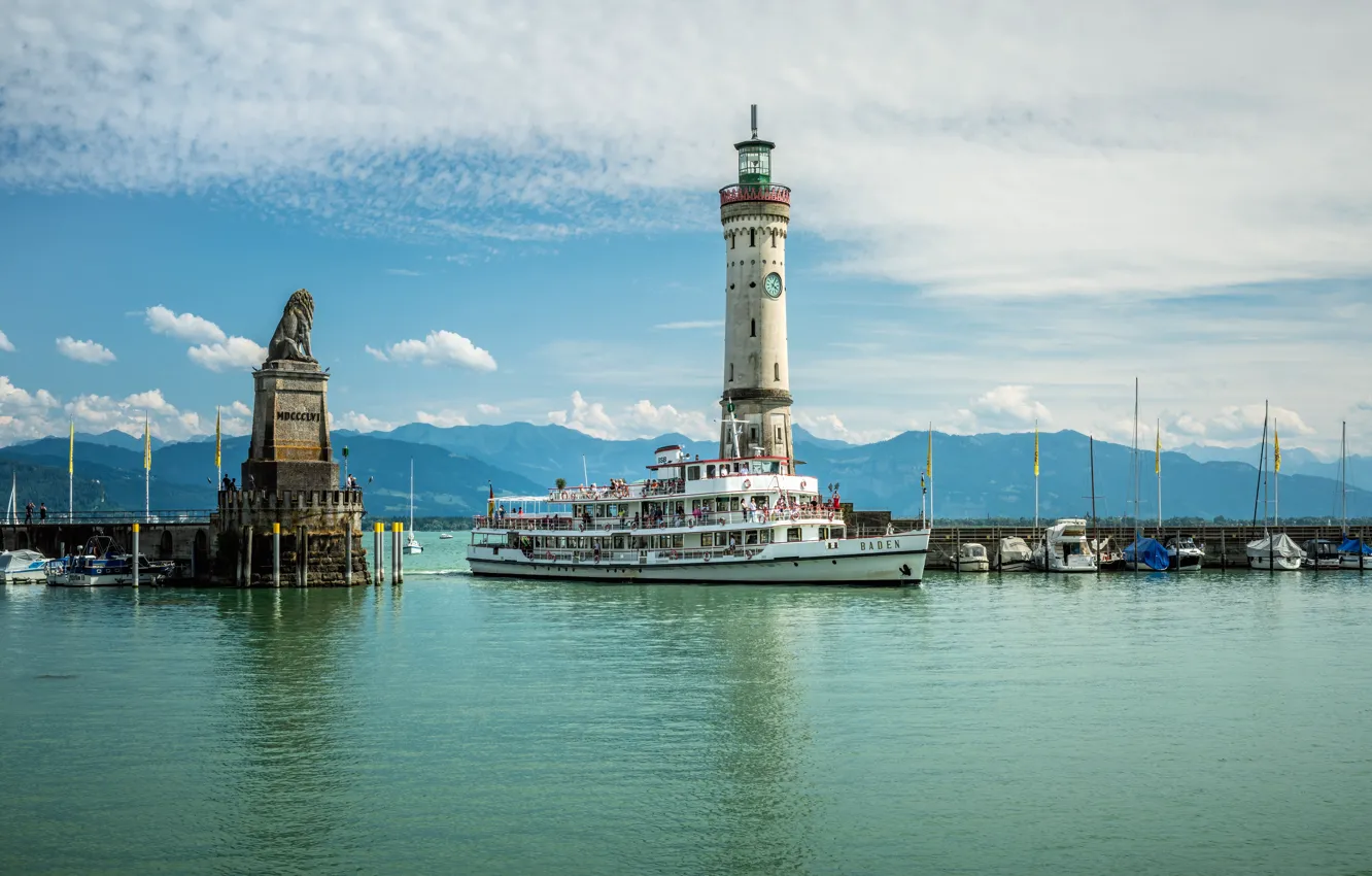 Фото обои маяк, корабль, Германия, Боденское озеро, Линдау, Lindau