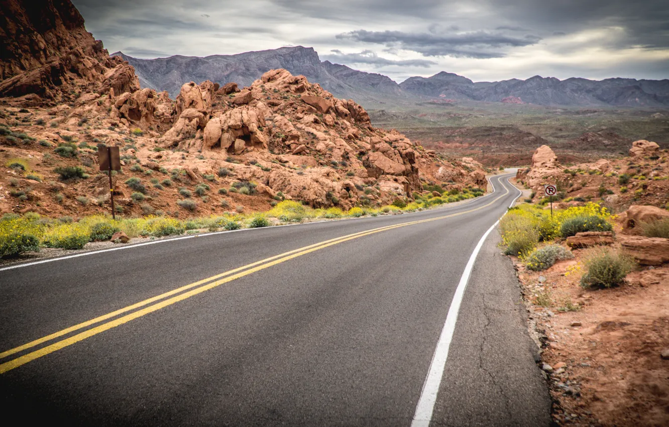 Фото обои дорога, горы, парк, камни, пустыня, Невада, Usa