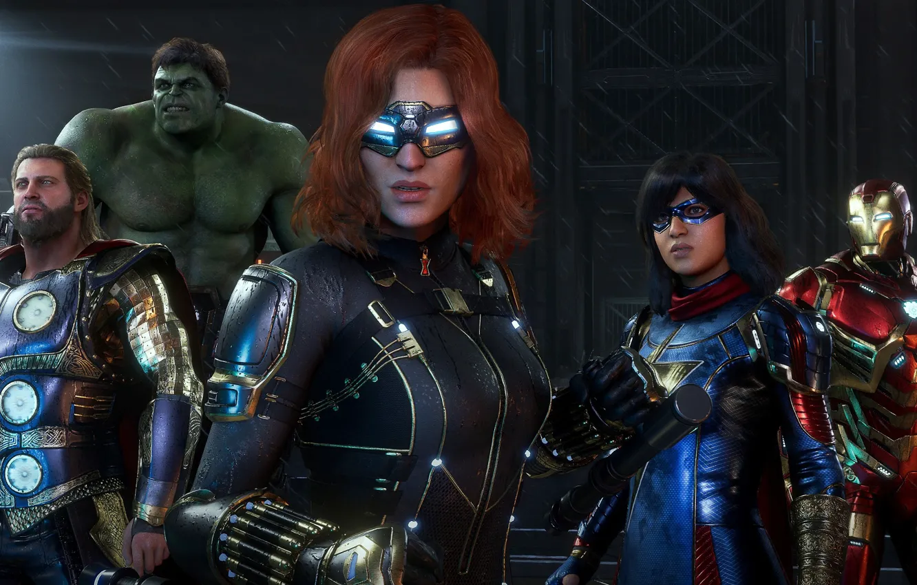 Фото обои Халк, Тор, Железный Человек, Ms. Marvel, Чёрная Вдова, Marvel's Avengers