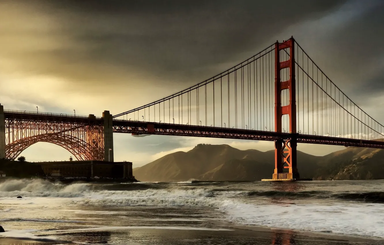 Фото обои Облака, Мост, Залив, Сан-Франциско, Золотые Ворота