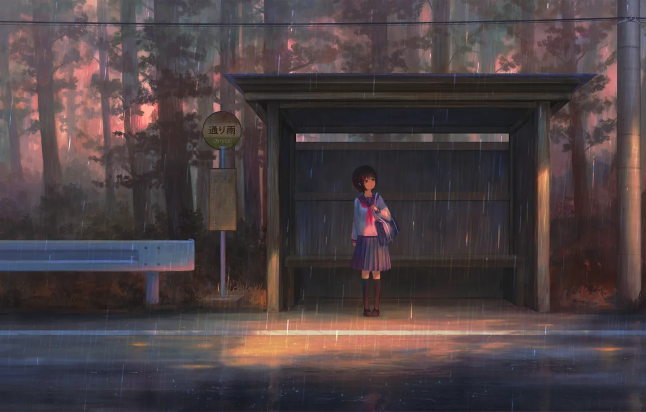 Фото обои дождь, девочка, остановка