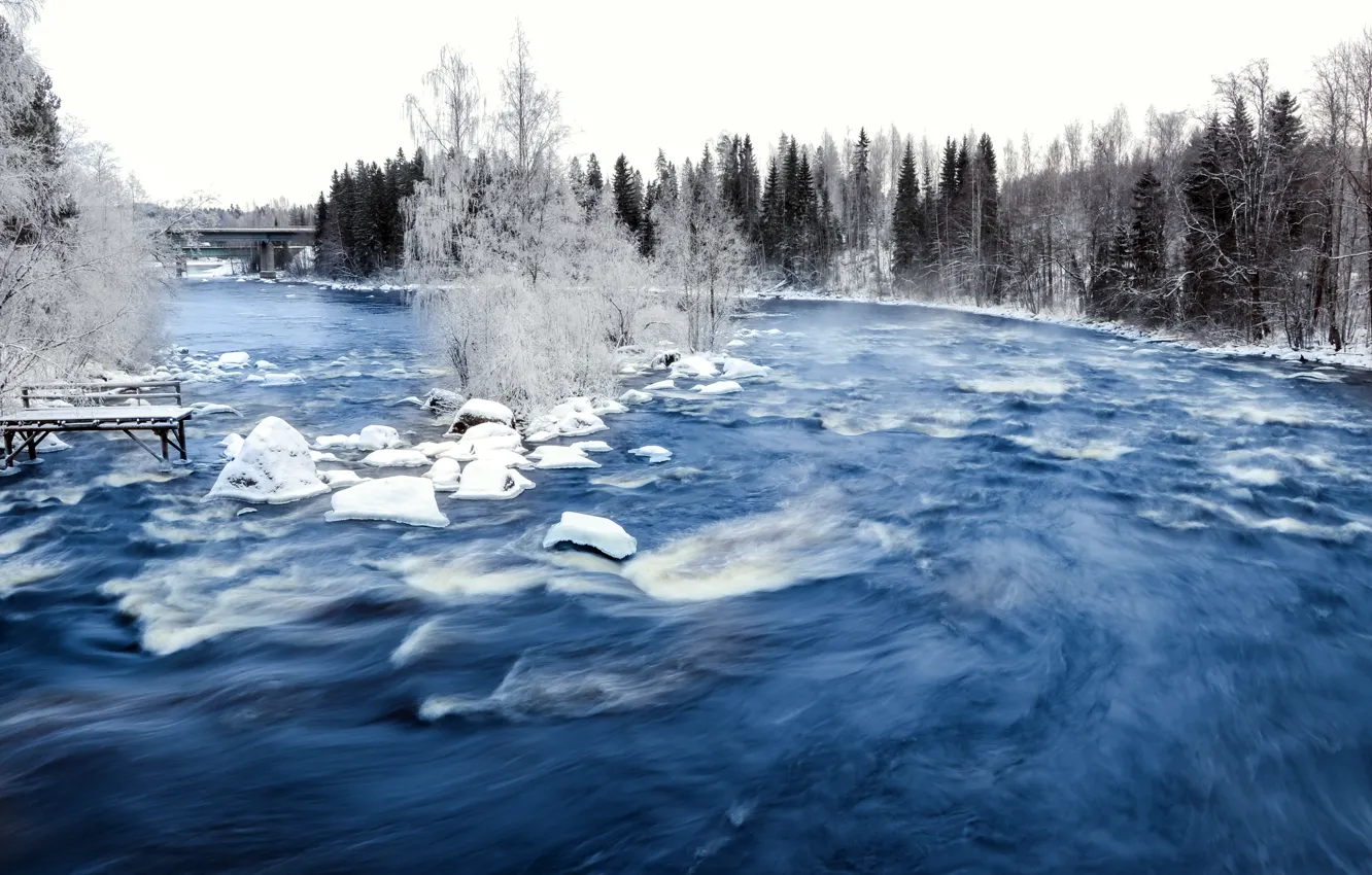 Фото обои зима, мост, природа, река