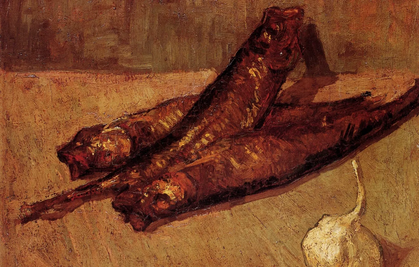 Фото обои чеснок, Still Life, Винсент ван Гог, копченая рыба, with Bloaters and Garlic