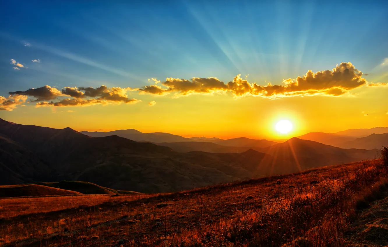 Фото обои солнце, горы, красота, простор, sunset, mountains, закат солнца, sun