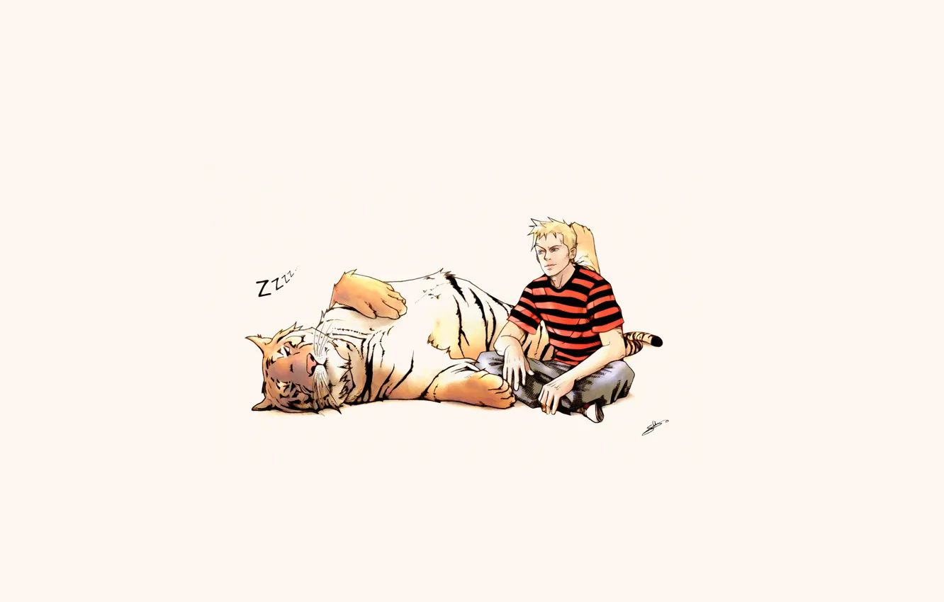 Фото обои тигр, рисунок, дружба, парень, Calvin and Hobbes, alternative art