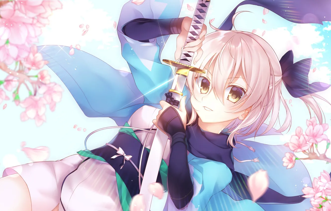 Фото обои girl, sword, flower, anime, katana, sakura, ken, blade