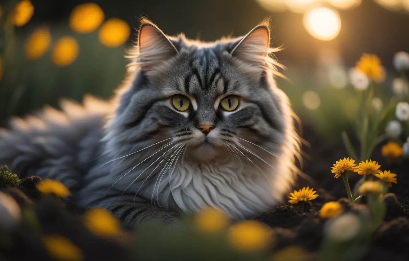 Фото обои кошка, лето, кот, взгляд, свет, цветы, поза, котенок