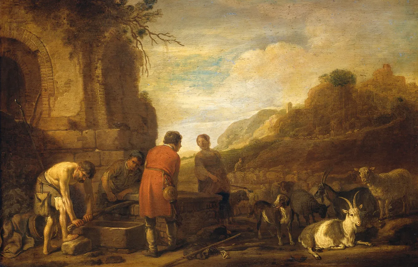 Фото обои дерево, масло, картина, мифология, Nicolaes Moeyaert, Встреча Иакова и Рахиль