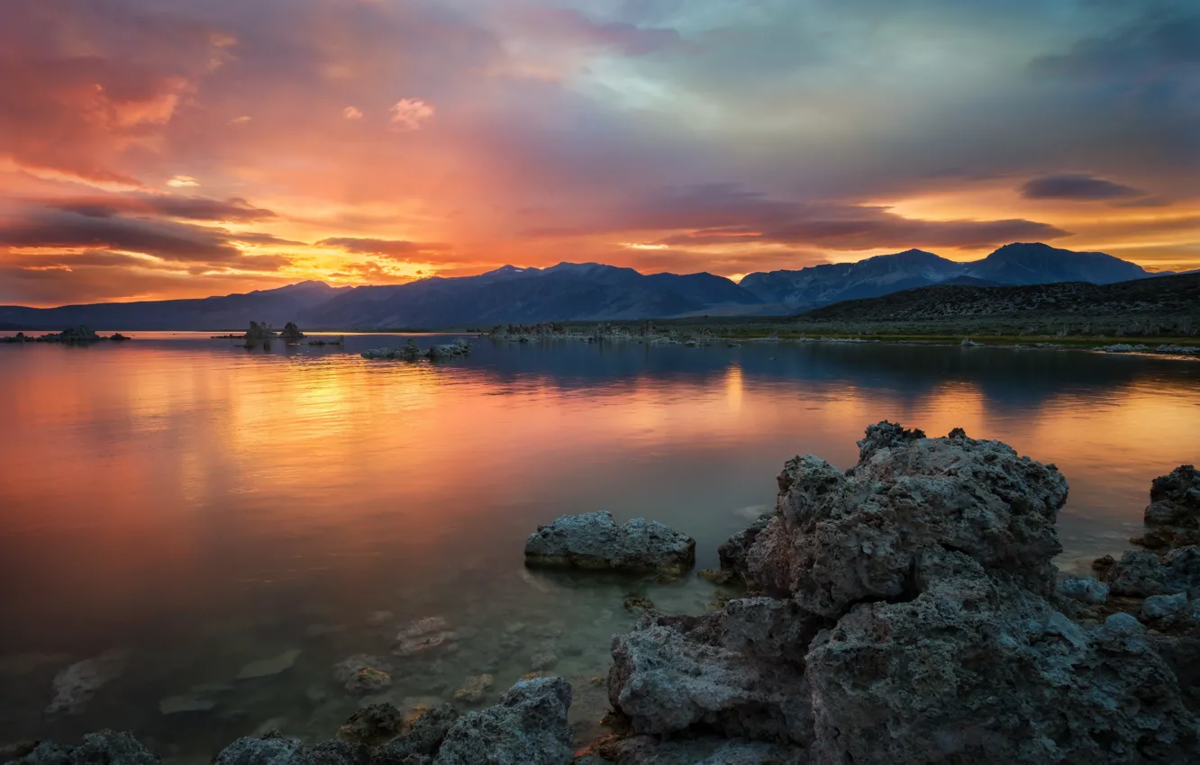 Фото обои небо, закат, берег, водоем