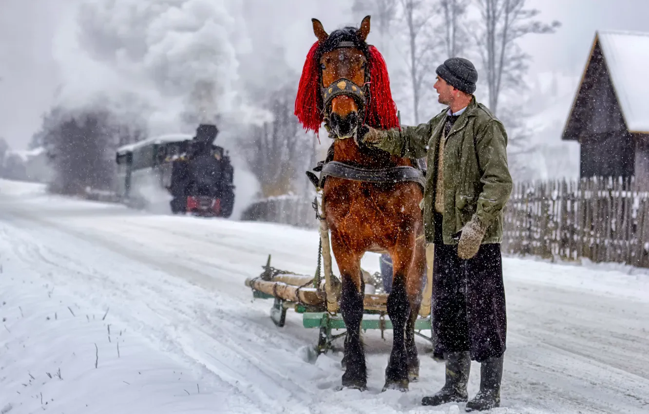 Фото обои зима, лошадь, мужик, пору, зимнюю, в студёную, однажды