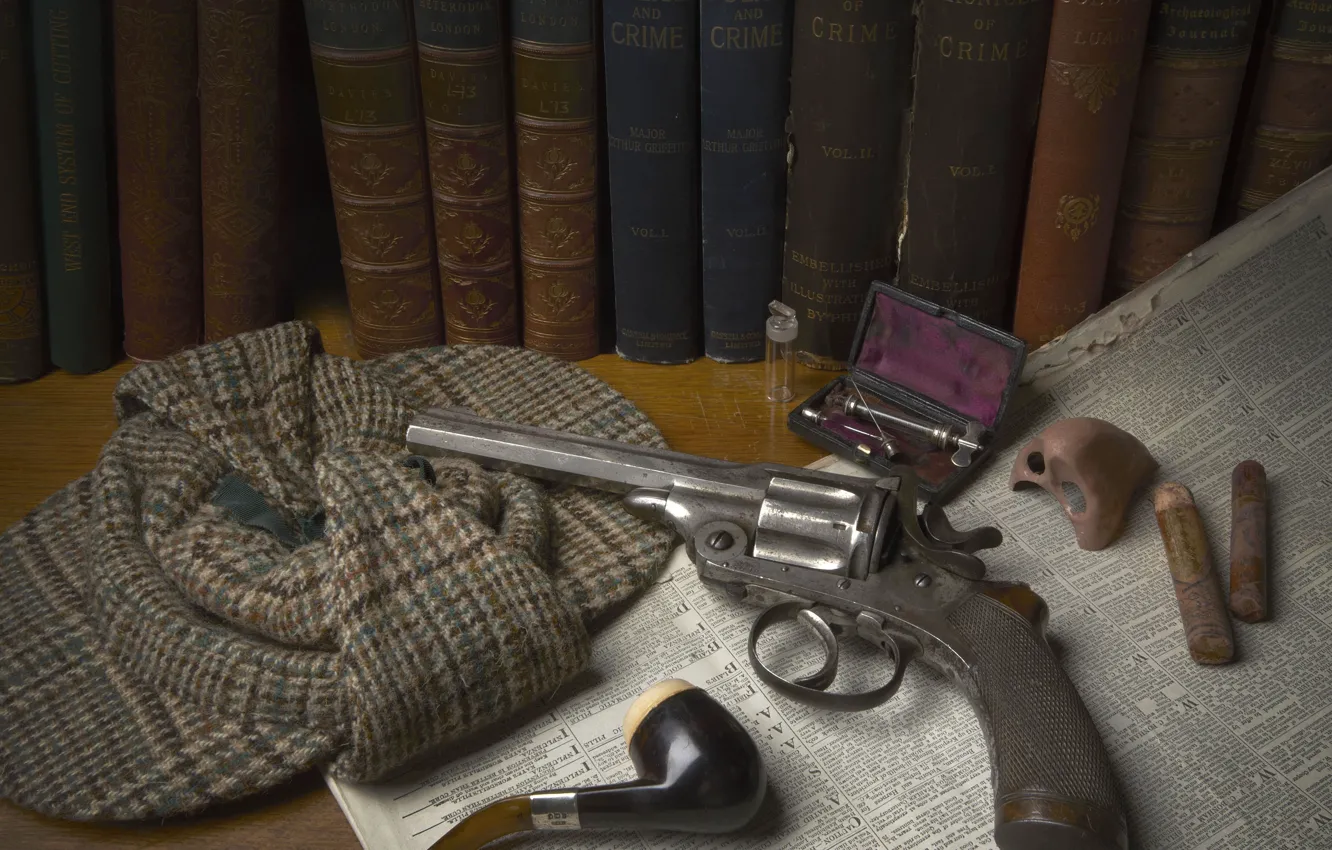 Фото обои gun, weapon, hat, police, Colt, paper, revolver, books
